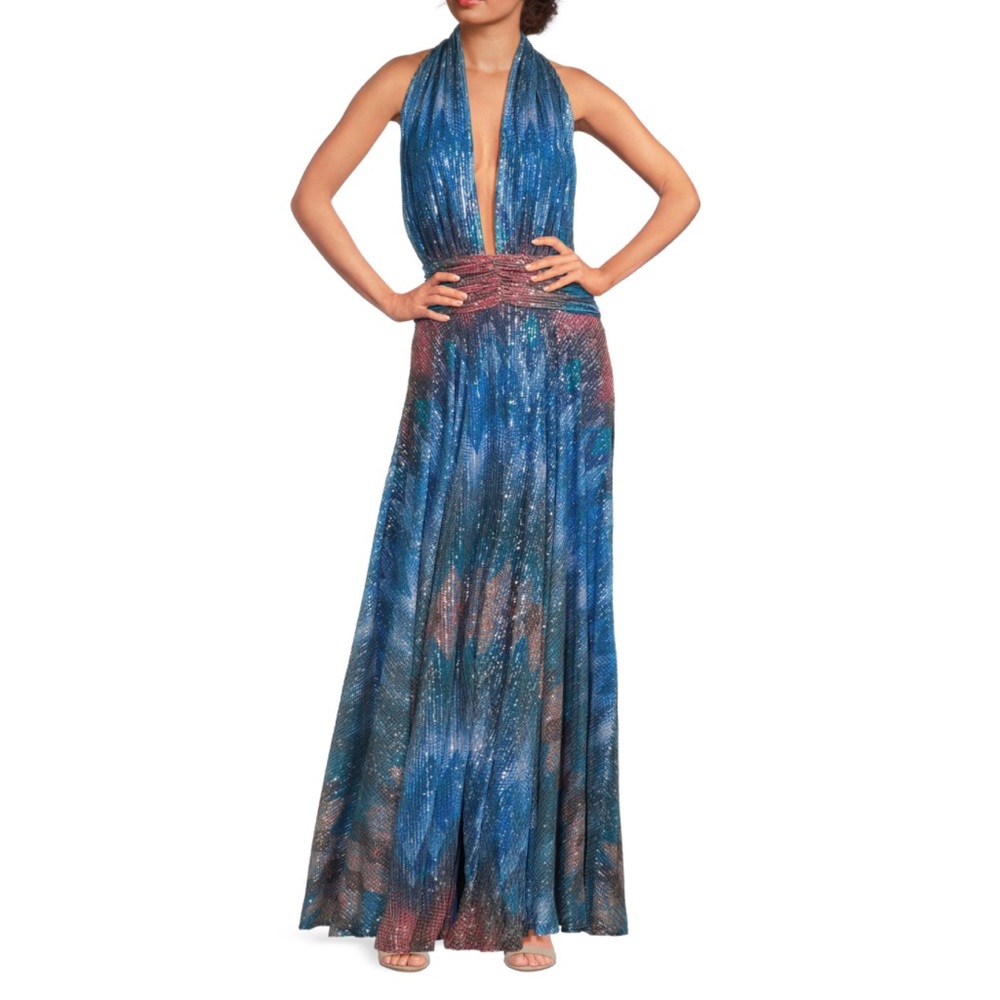 NWT! Ramy Brook Reyna Chevron Sequin Maxi Dress size 6 blue purple pink